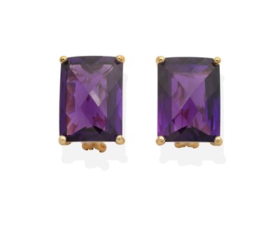 Lot 2115 - A Pair of 14 Carat Gold Amethyst Earrings, rectangular checker-board cut amethyst in claw settings