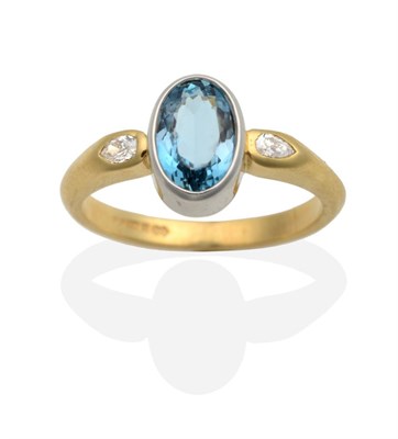 Lot 2120 - An 18 Carat Gold Aquamarine and Diamond Ring, an oval cut aquamarine in a rubbed over setting,...