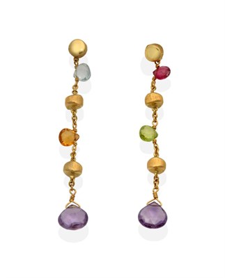 Lot 2121 - A Pair of 18 Carat Gold Multi-Gemstone Drop Earrings, a textured bead stud suspending a chain...