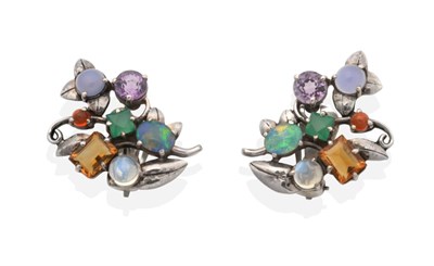 Lot 2126 - A Pair of Multi-Gemstone Dorrie Nossiter-Style Clip Earrings, set with citrine, fire opal,...