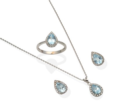 Lot 2135 - A 9 Carat White Gold Blue Topaz and Diamond Suite; Comprising, a Pendant Necklace, a Pair of...