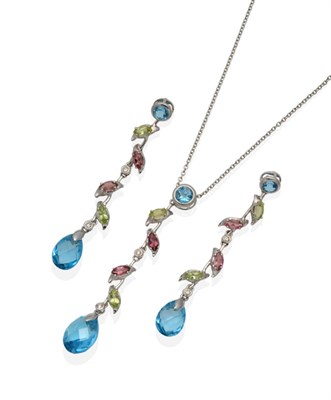 Lot 2137 - An 18 Carat White Gold Blue Topaz, Peridot, Pink Tourmaline and Diamond Pendant and Earring...