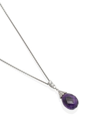 Lot 2139 - An 18 Carat White Gold Amethyst and Diamond Pendant on Chain, a briolette amethyst drop in a...