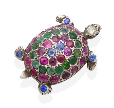 Lot 2142 - A Multi-Gemstone Turtle Brooch, with a round brilliant cut diamond inset head, round cut...