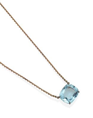 Lot 2145 - An Aquamarine Necklace, a cushion cut aquamarine in a claw setting, suspended from an integral...