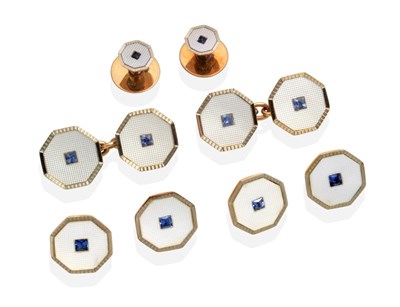 Lot 2149 - A Cased Mother-of-Pearl and Blue Paste Dress Set, comprising; a pair of chain linked cufflinks,...