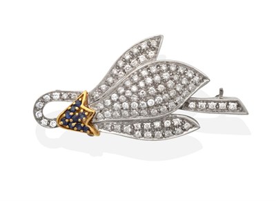 Lot 2179 - An 18 Carat White Gold Diamond and Sapphire Snowdrop Brooch, pavé set with round brilliant...