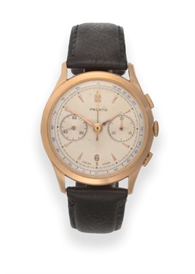 Lot 2191 - An 18ct Gold Chronograph Wristwatch, signed Pronto, circa 1950, lever movement, silvered dial...