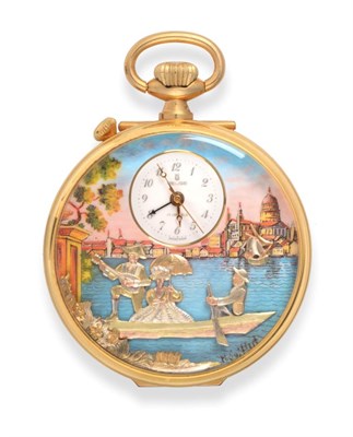 Lot 2204 - A Gilt Metal Automata Musical Alarm Pocket Watch, signed Reuge, circa 1960, lever movement with...