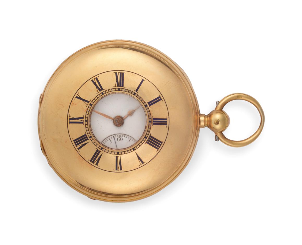 Lot 2217 - An 18ct Gold Half Hunter Pocket Watch, 1876, lever movement, dust cover, enamel dial with Roman...