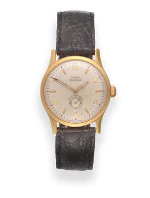 Lot 2218 - An 18ct Gold Automatic Wristwatch, signed Olma, circa 1955, lever movement, silvered dial with...