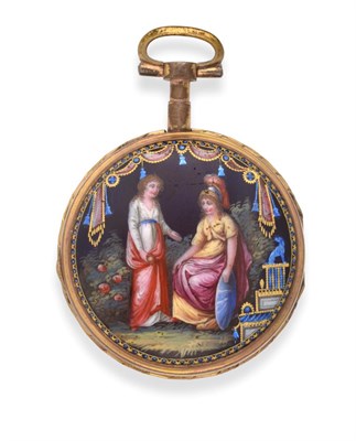 Lot 2221 - A Continental Gilt Metal Enamel Pocket Watch, circa 1820, gilt fusee verge movement, balance...