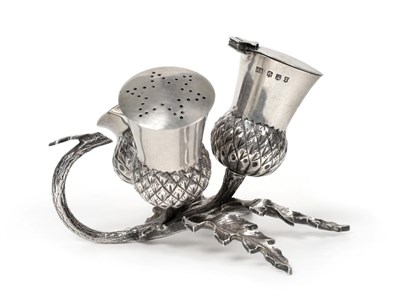 Lot 2252 - A Scottish Silver Novelty Thistle Form Condiment Set, Hamilton & Inches, Edinburgh 1929, the...