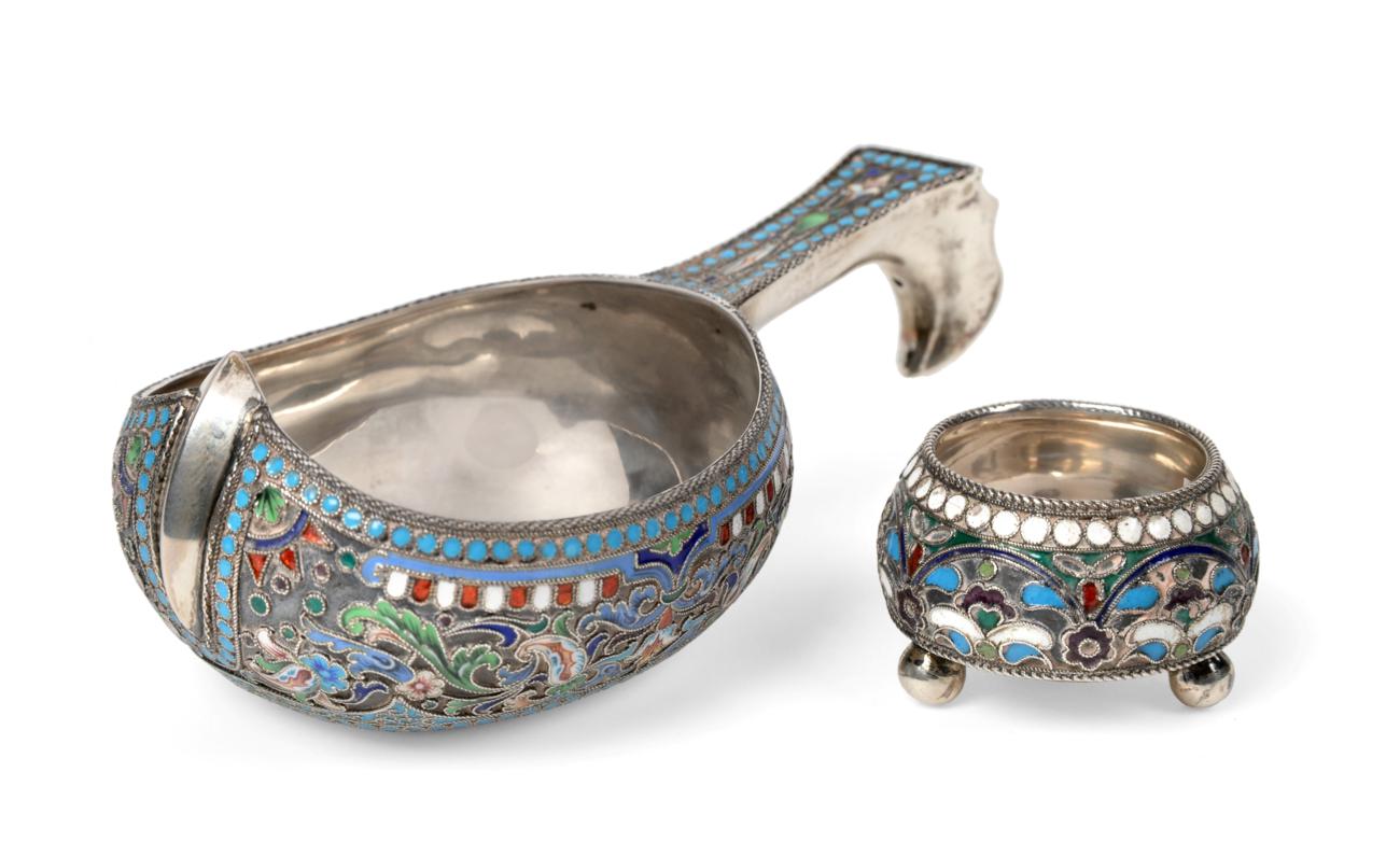 Lot 2255 - A Russian Silver and Cloisonne Enamel Kovsh, makers mark indistinct, Moscow combined standard...
