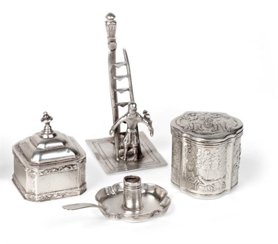 Lot 2257 - A Group of Dutch Silver Miniatures, comprising: A Tobacco Box and Cover, maker's mark of a horn...