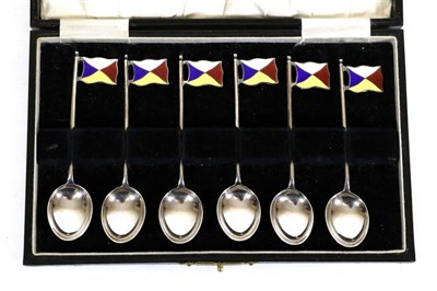 Lot 2276 - A Set of Six Silver and Enamel P&O (Peninsular and Oriental) Shipping Coffee Spoons, Barker...