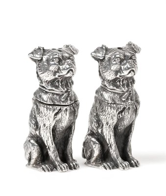 Lot 2277 - A Pair of Novelty Silver Pug Dog Salt and Pepper Pots, maker's mark WW, Birmingham 2005,...