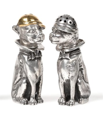 Lot 2278 - A Pair of Novelty Silver Dog Salt and Pepper Pots, maker's mark WW, Birmingham 2007, modelled...