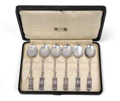 Lot 2300 - Set of Six Arts & Crafts Silver Tea Spoons, Liberty & Co., Birmingham 1924, the design...