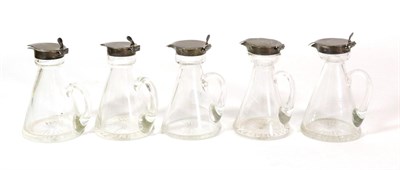 Lot 2369 - A Near Set of Five Silver Mounted Glass Whisky Tots, three J & J Maxfield, Birmingham 1905/06,...