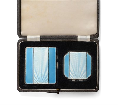 Lot 2383 - An Art Deco Silver and Guilloche Enamel Cigarette Case and Compact, Joseph Gloster Ltd,...