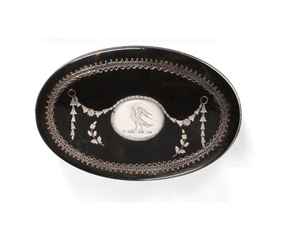 Lot 2387 - A George III Tortoiseshell and Silver Pique Work Snuff Box, circa 1790/1800, oval, the lift off...