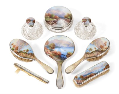 Lot 2394 - A Continental Silver and Enamel Dressing Table Set, English import marks for Docker & Burn,...