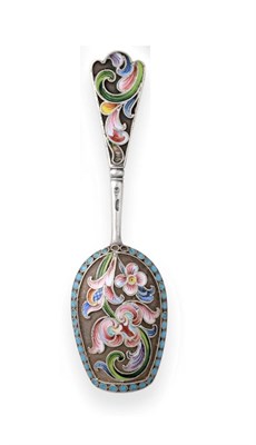 Lot 2407 - A Russian Silver and Cloisonne Enamel Caddy Spoon, maker's mark rubbed, possibly MC in an oval...