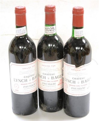 Lot 1025 - Chateau Lynch Bages 1978, Pauillac (x3) (three bottles) U: top shoulder, torn labels
