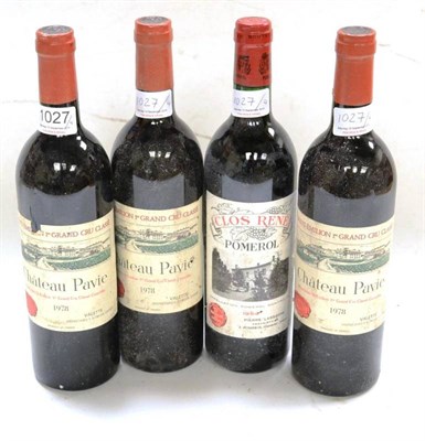 Lot 1027 - Chateau Pavie 1978, St Emilion (x3); Clos Rene 1994, Pomerol (four bottles) U: top shoulder