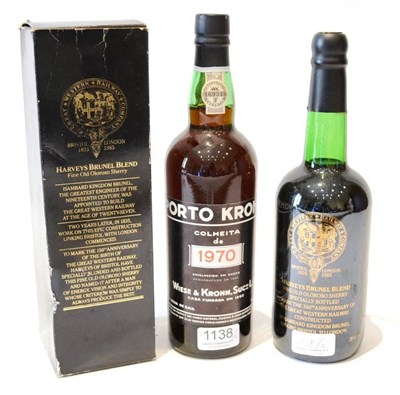 Lot 1138 - Wiese & Krohnn 1970, Colheita port; Harveys Brunel Blend, Fine Old Obroso Sherry, 150th Anniversary