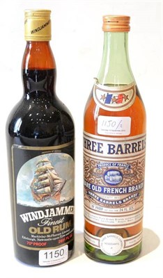 Lot 1150 - Windjammer Finest Old Rum, 26 2/3fl ozs, 70 proof; Three Barrels Rare Old French Brandy, 24fl...