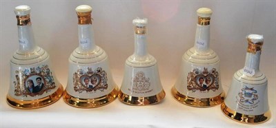 Lot 1171 - Five Bells Whisky Decanters: Charles and Diana 75cl (x2), Prince Andrew and Sarah Ferguson 75c,...