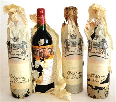 Lot 2065 - Chateau Mouton Rothschild 1987, Pauillac (x4) (four bottles) U: into neck, soiled, stained and torn