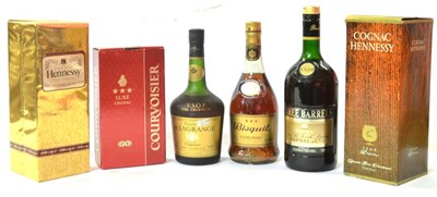 Lot 2211 - Hennessey VSOP Cognac, Duty Free Shop label, boxed; Courvoisier 3 Star, 50cl; 3 Barrels VSOP,...