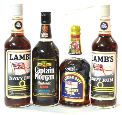 Lot 2217 - Lambs Navy Rum, 750ml, 40% (x2); Captain Morgan Black Label, 26 2/3fl ozs, 70 proof; British...