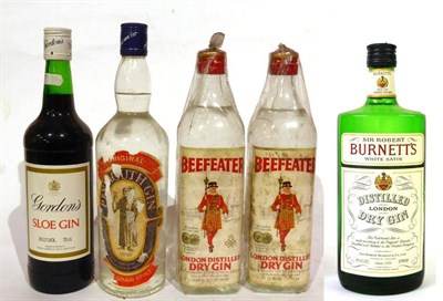 Lot 2222 - Original Plymouth Gin, circa 1970s, 26 2/3 fl ozs, 70 proof (poor label); Beefeater London...