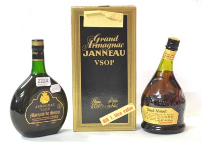 Lot 2224 - Saint Vivant Armagnac, 70cl, 40%; Janneau VSOP Armagnac, litre; Marquis de Senat Armagnac,...