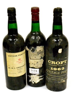 Lot 1174 - Croft 1963, vintage port; Graham 1963, vintage port; Quinta Do Noval (Berry Brothers label)...