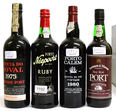 Lot 1192 - Quinta Do Noval Nacional 1975, vintage port; Calem 1980, vintage port; Niepoort Ruby; Fortnum &...