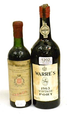 Lot 1202 - Warre 1963, vintage port; Chateau Branaire-Ducru 1953, Saint Julien, half bottle (two bottles)...