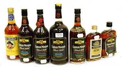 Lot 1210 - Captain Morgan Black Label Rum, circa 1980's, 40 fl ozs, 26 2/3 fl ozs (x3) and 13 1/3 fl ozs,...