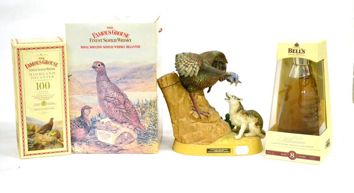 Lot 1232 - Austin Nichols Wild Turkey Porcelain Decanter, Wild Turkey and Coyote, 101 proof; The Famous Grouse