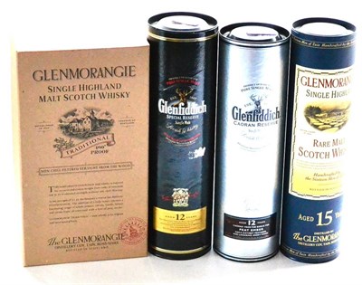 Lot 1280 - Glenmorangie Traditional, litre, 57.2%; Glenmorangie 15 Year Old; Glenfiddich Caoran Reserve;...