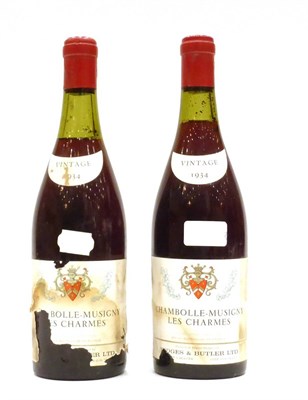 Lot 5004 - Chambolle Musigny Les Charmes 1934, bottled by Hedges and Butler (x2) (two bottles) U: 2.5cm,...