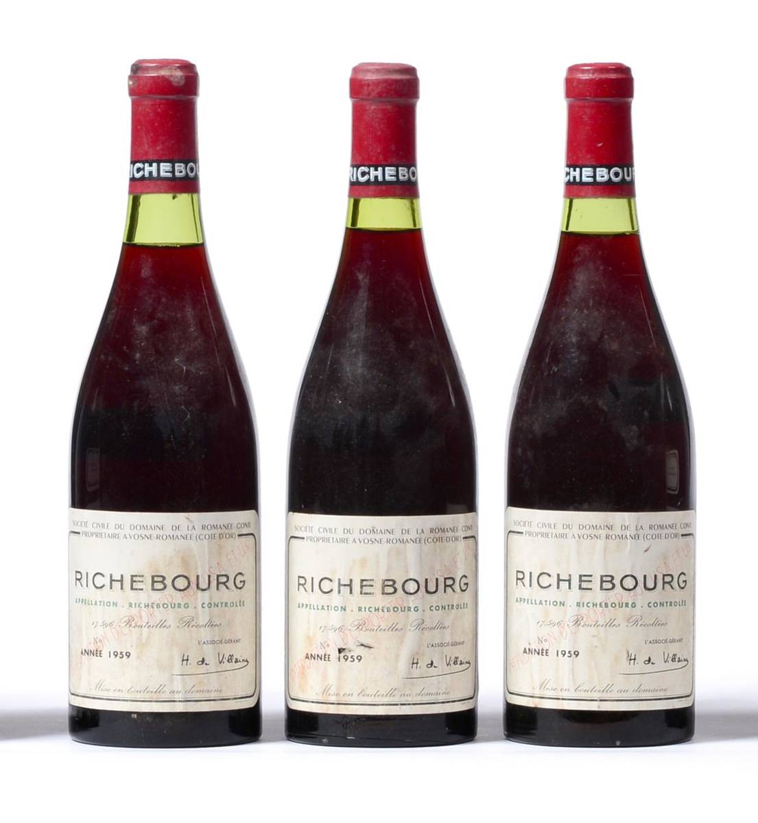 Lot 5041 - Domaine de la Romanee-Conti Richebourg Grand Cru 1959 (x3) (three bottles) U:M 1.5cm, 2cm,...