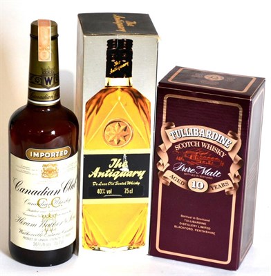 Lot 2248 - Canadian Club, 26 2/3 fl ozs, 75.7cl, 70 proof; The Antiquary De Luxe, 75cl, 40%, boxed;...