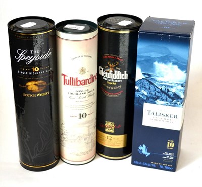 Lot 2348 - Talisker 10 Year Old, 70cl, 45.8%; Tullibardine, 70cl, 40%; Glenfiddich 12 Year Old, 70cl, 40%; The