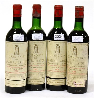 Lot 2034 - Chateau Latour 1962, Pauillac (x4) (four bottles) U: 2x top shoulder, 2x upper shoulder, labels...
