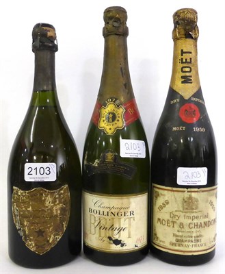 Lot 2103 - Dom Perignon 1969, vintage champagne; Moet et Chandon 1959, vintage champagne; Bollinger 1973,...
